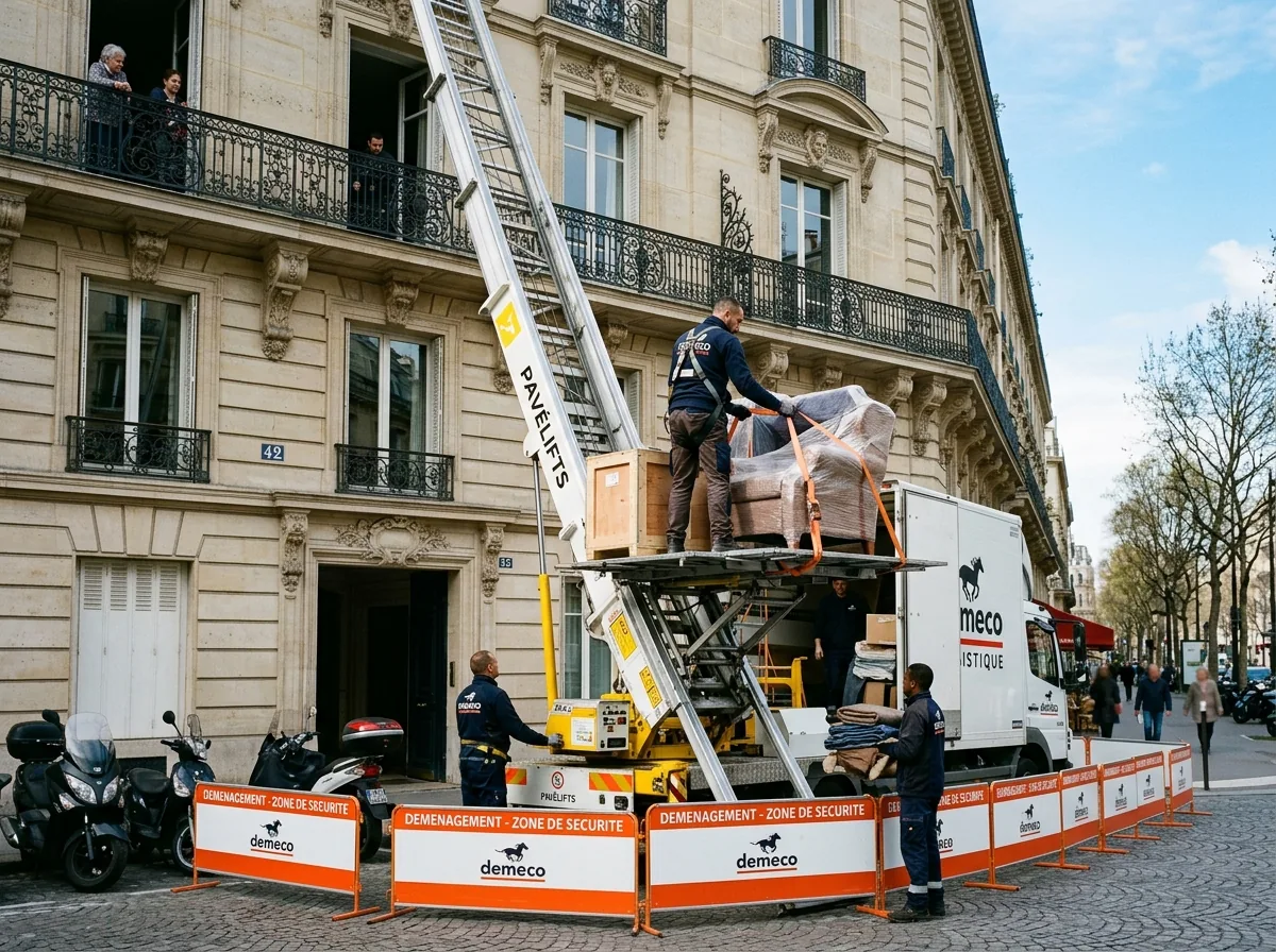 Monte-meubles installé devant un immeuble