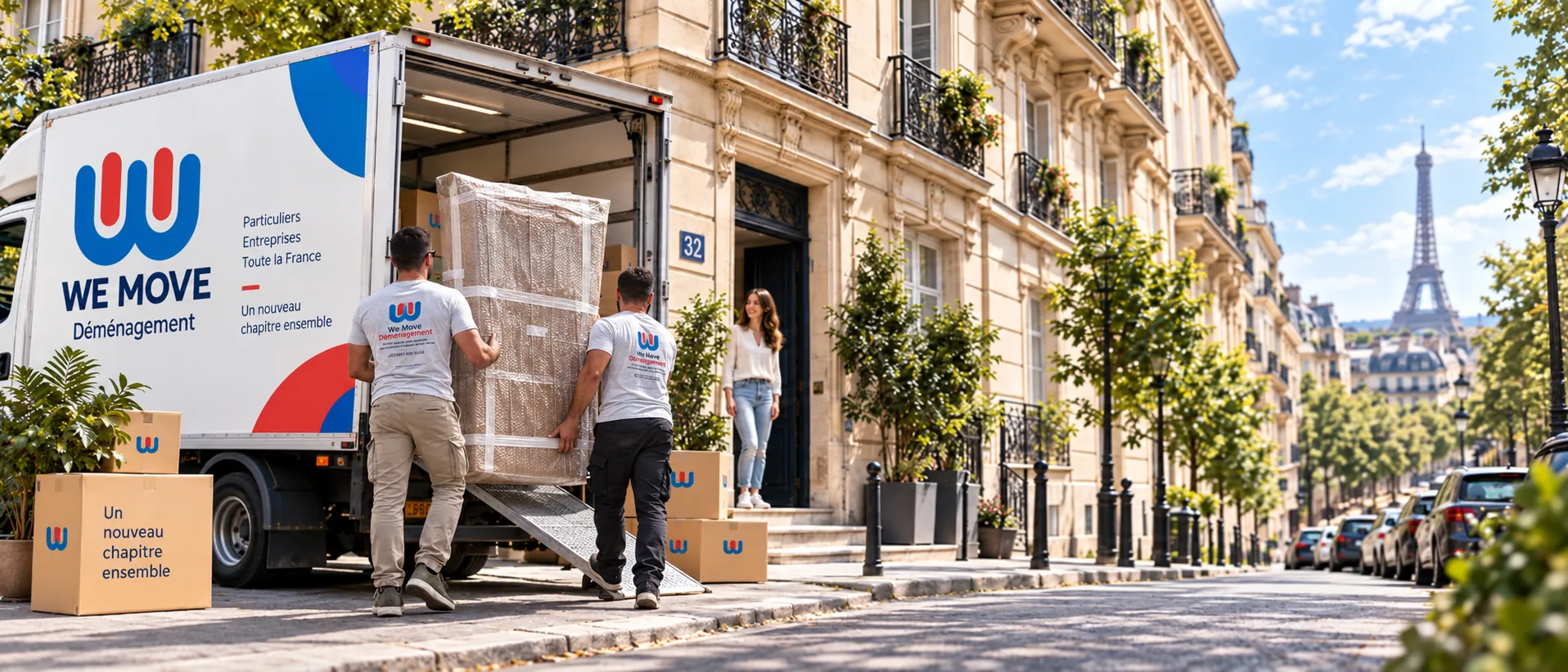 Camion We Move et déménageurs dans une rue parisienne